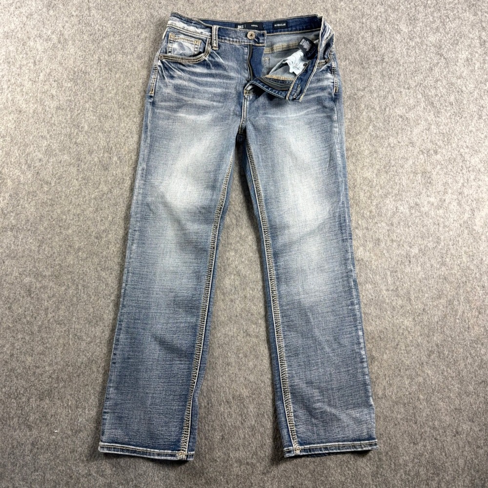 BKE Jake Womens Straight Leg Jeans 14R Medium Wash Denim Buckle Whiskered